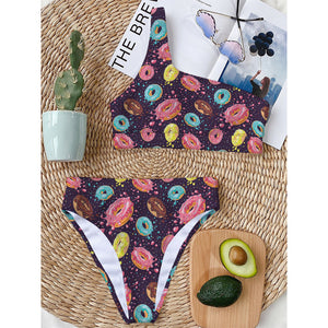 Sprinkles Donut Pattern Print One Shoulder Bikini Top