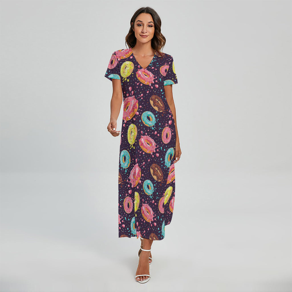 Sprinkles Donut Pattern Print Short Sleeve Maxi Dress