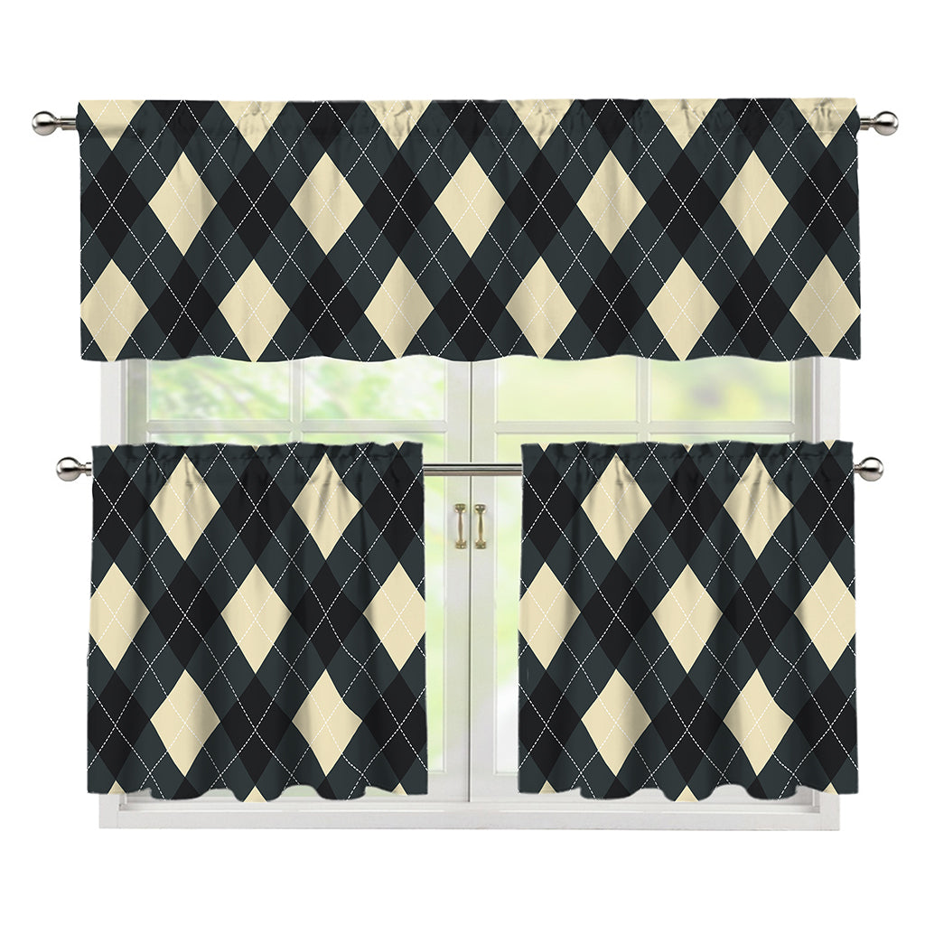 Spruce Blue And Beige Argyle Print 3 Piece Kitchen Curtains