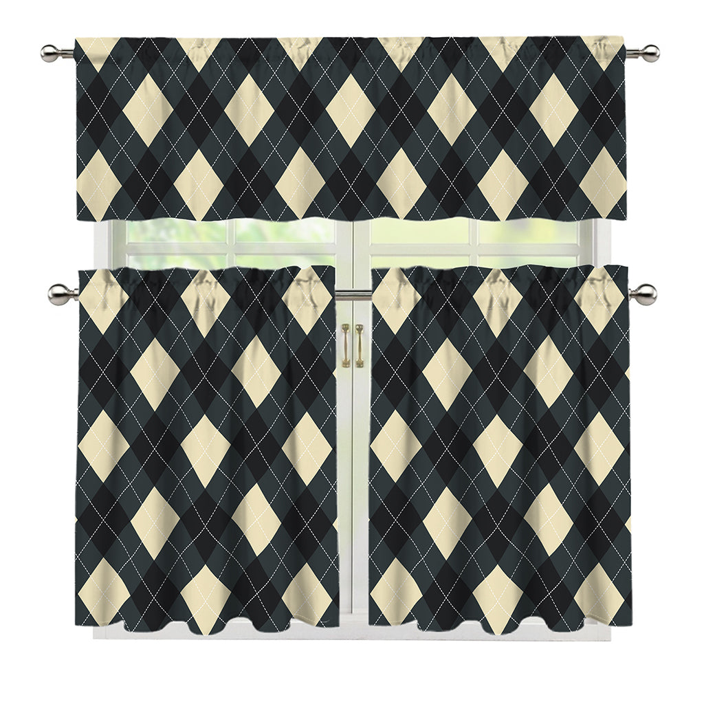 Spruce Blue And Beige Argyle Print 3 Piece Kitchen Curtains