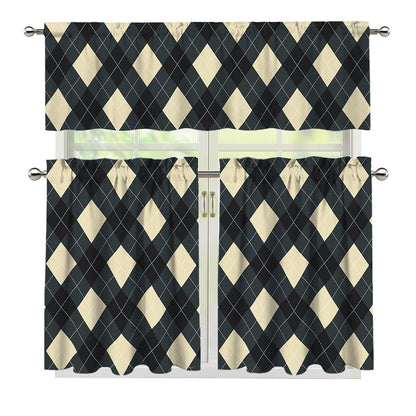 Spruce Blue And Beige Argyle Print 3 Piece Kitchen Curtains
