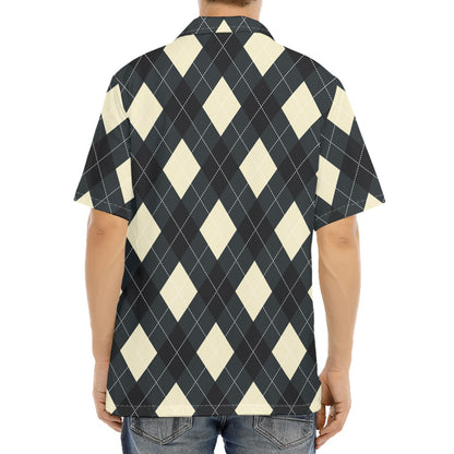 Spruce Blue And Beige Argyle Print Aloha Shirt