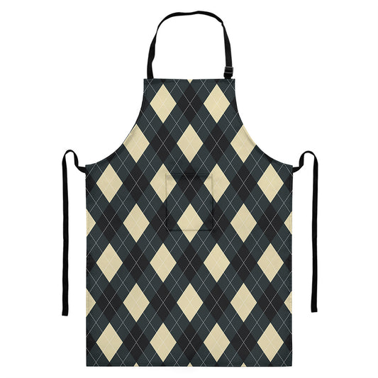 Spruce Blue And Beige Argyle Print Bib Apron With Pocket