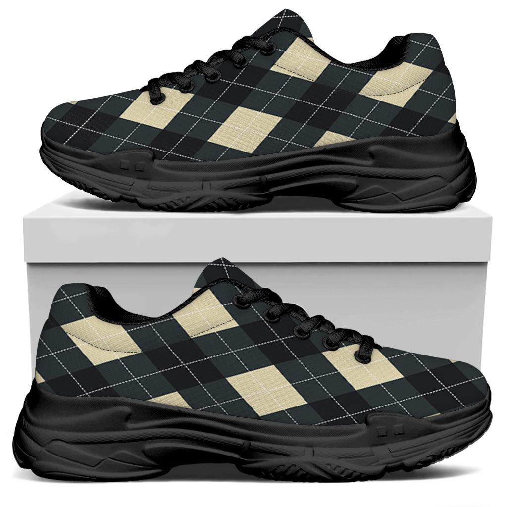 Spruce Blue And Beige Argyle Print Black Chunky Shoes