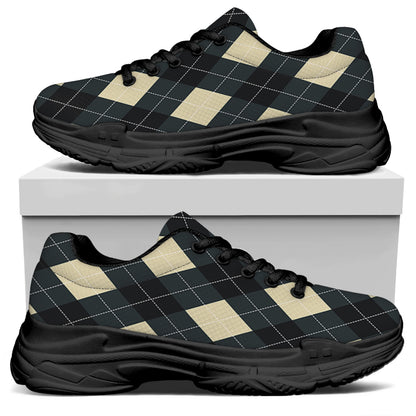 Spruce Blue And Beige Argyle Print Black Chunky Shoes