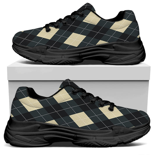 Spruce Blue And Beige Argyle Print Black Chunky Shoes