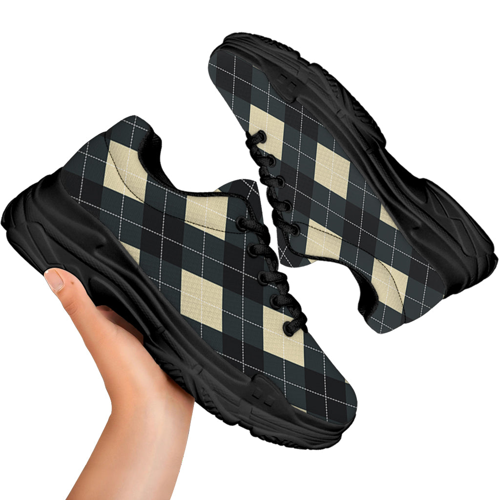 Spruce Blue And Beige Argyle Print Black Chunky Shoes
