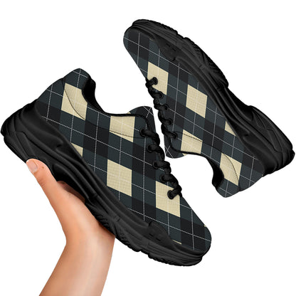Spruce Blue And Beige Argyle Print Black Chunky Shoes