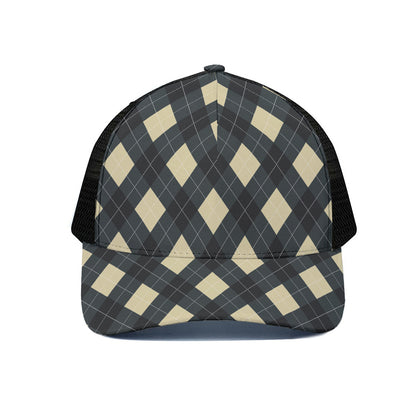 Spruce Blue And Beige Argyle Print Black Mesh Trucker Cap