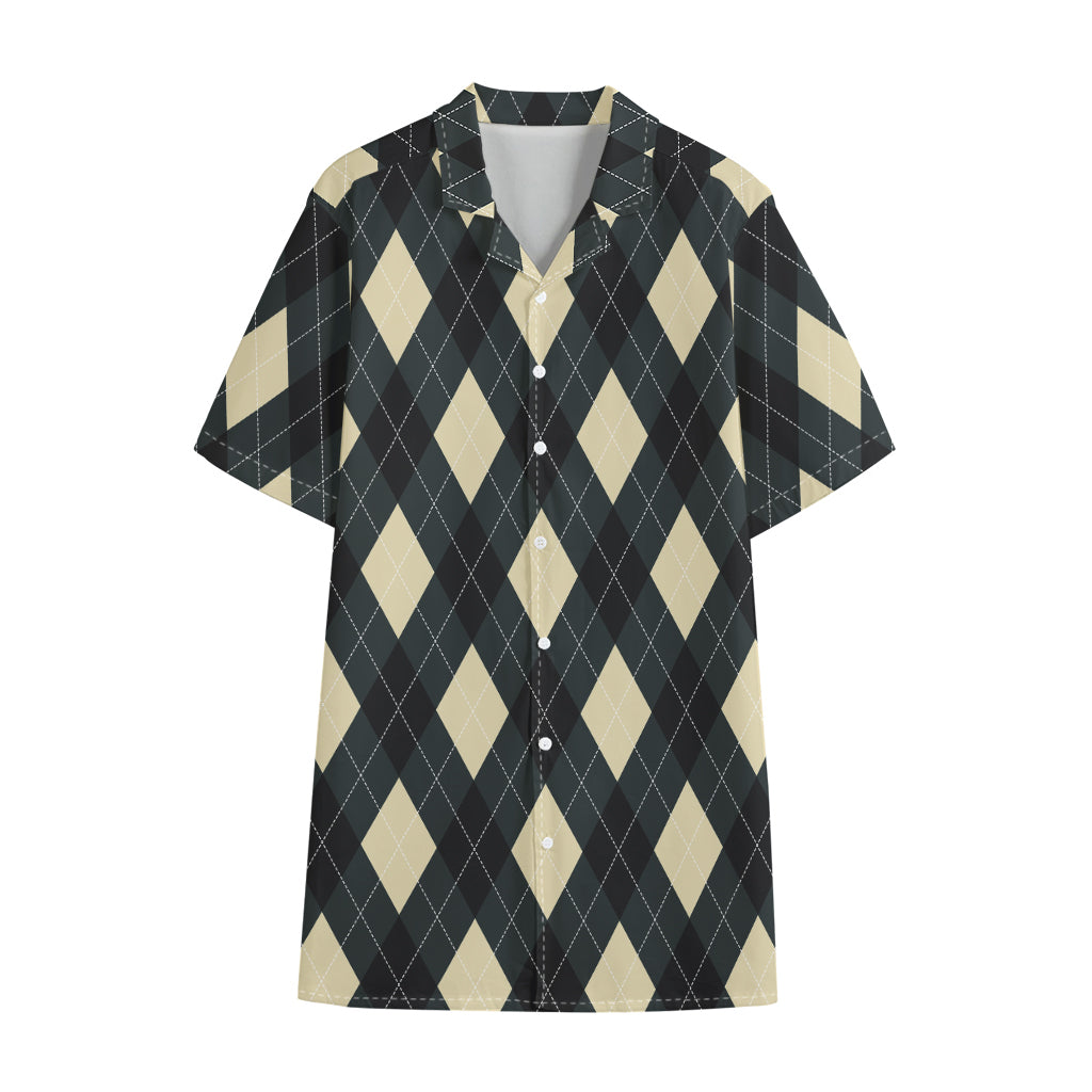 Spruce Blue And Beige Argyle Print Cotton Hawaiian Shirt