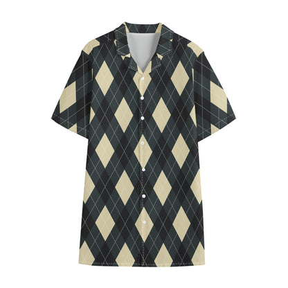 Spruce Blue And Beige Argyle Print Cotton Hawaiian Shirt