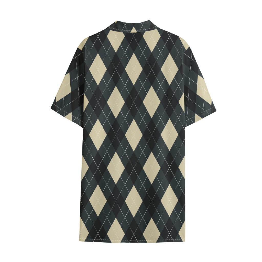Spruce Blue And Beige Argyle Print Cotton Hawaiian Shirt