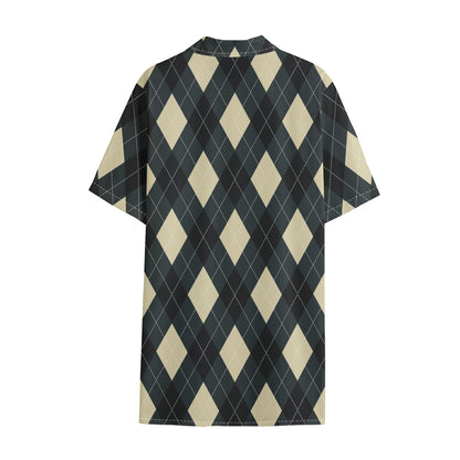 Spruce Blue And Beige Argyle Print Cotton Hawaiian Shirt