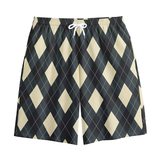 Spruce Blue And Beige Argyle Print Cotton Shorts