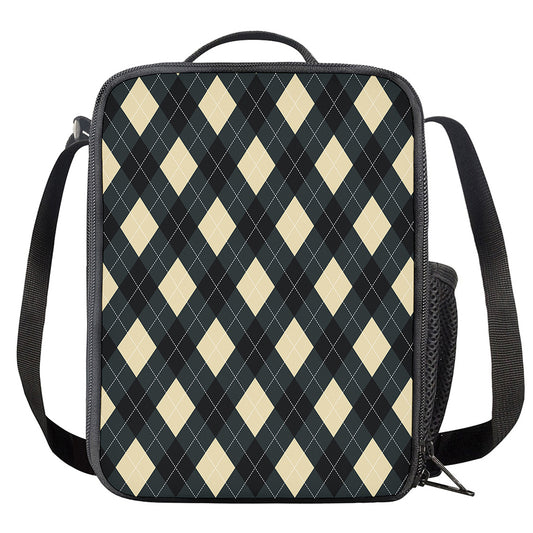 Spruce Blue And Beige Argyle Print Crossbody Lunch Bag