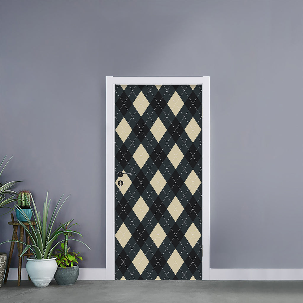 Spruce Blue And Beige Argyle Print Door Sticker