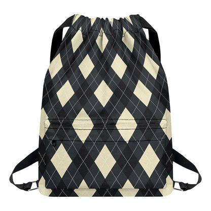 Spruce Blue And Beige Argyle Print Drawstring Backpack