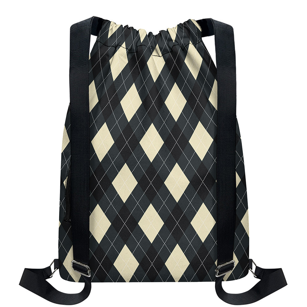 Spruce Blue And Beige Argyle Print Drawstring Backpack