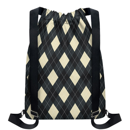 Spruce Blue And Beige Argyle Print Drawstring Backpack