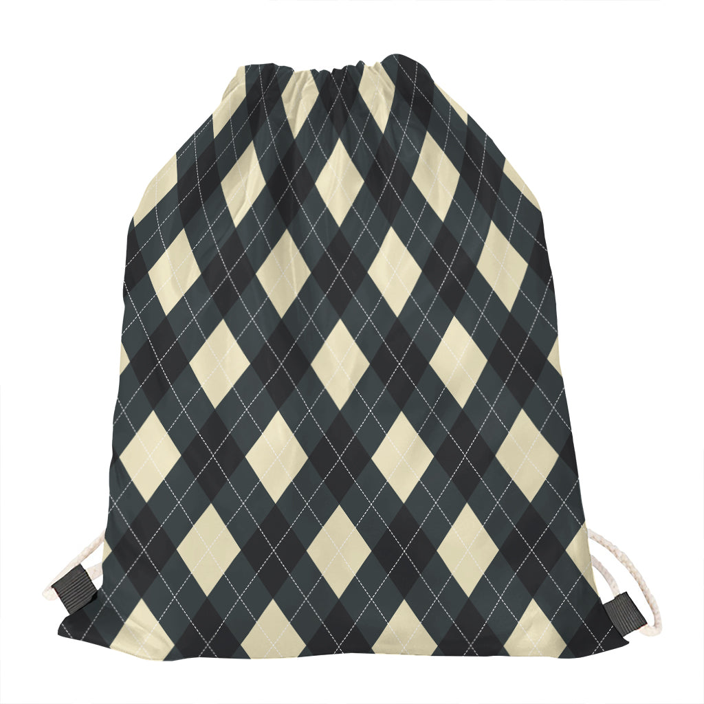 Spruce Blue And Beige Argyle Print Drawstring Bag