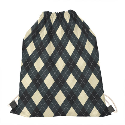Spruce Blue And Beige Argyle Print Drawstring Bag
