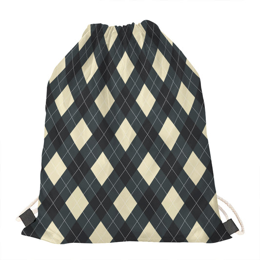 Spruce Blue And Beige Argyle Print Drawstring Bag