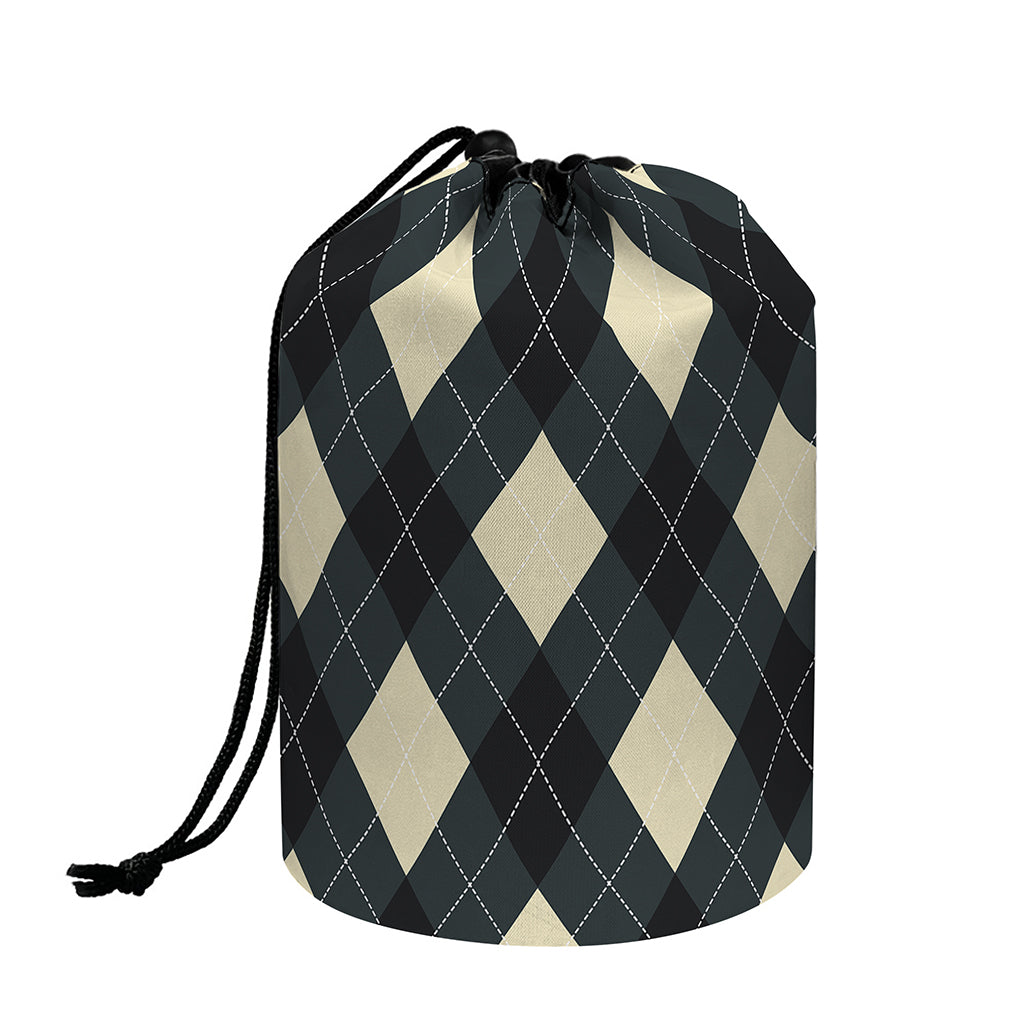 Spruce Blue And Beige Argyle Print Drawstring Makeup Bag