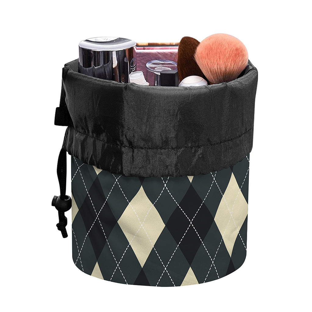Spruce Blue And Beige Argyle Print Drawstring Makeup Bag