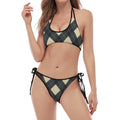 Spruce Blue And Beige Argyle Print Halter Scoop Tie Side Bikini