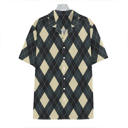 Spruce Blue And Beige Argyle Print Hawaiian Shirt