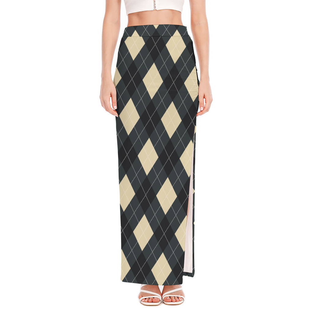 Spruce Blue And Beige Argyle Print High Slit Maxi Skirt