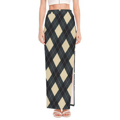 Spruce Blue And Beige Argyle Print High Slit Maxi Skirt