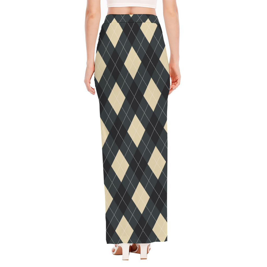 Spruce Blue And Beige Argyle Print High Slit Maxi Skirt