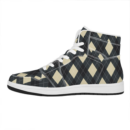 Spruce Blue And Beige Argyle Print High Top Leather Sneakers