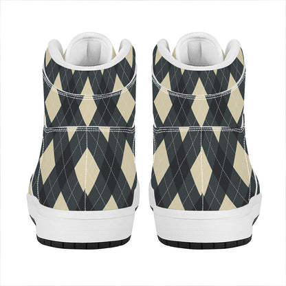 Spruce Blue And Beige Argyle Print High Top Leather Sneakers