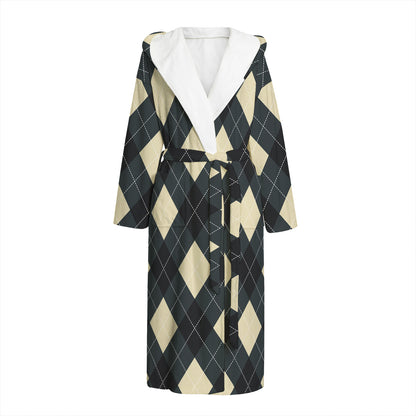 Spruce Blue And Beige Argyle Print Hooded Bathrobe