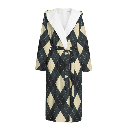 Spruce Blue And Beige Argyle Print Hooded Bathrobe