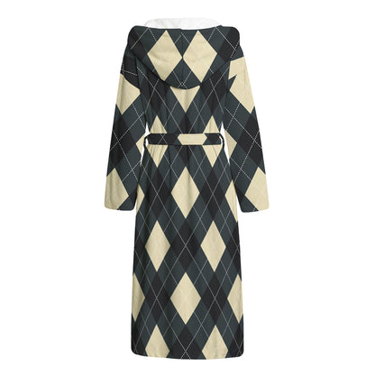 Spruce Blue And Beige Argyle Print Hooded Bathrobe