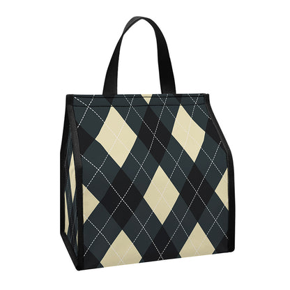 Spruce Blue And Beige Argyle Print Insulated Lunch Tote