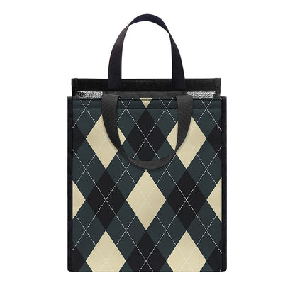 Spruce Blue And Beige Argyle Print Insulated Lunch Tote