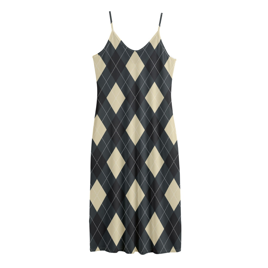 Spruce Blue And Beige Argyle Print Jersey Midi Cami Dress