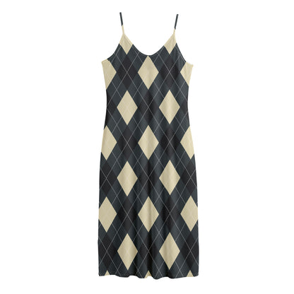 Spruce Blue And Beige Argyle Print Jersey Midi Cami Dress