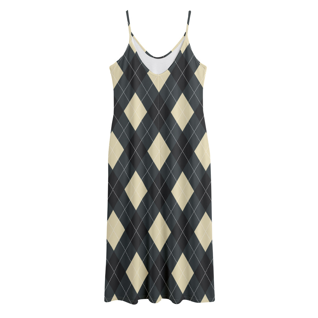 Spruce Blue And Beige Argyle Print Jersey Midi Cami Dress