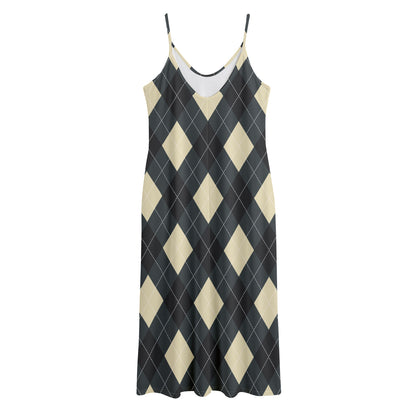 Spruce Blue And Beige Argyle Print Jersey Midi Cami Dress