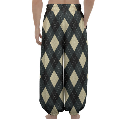 Spruce Blue And Beige Argyle Print Lantern Pants
