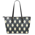Spruce Blue And Beige Argyle Print Leather Tote Bag With Zipper
