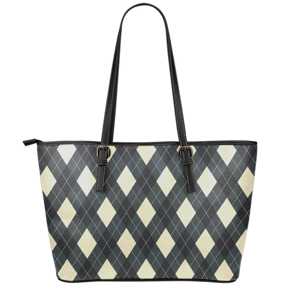 Spruce Blue And Beige Argyle Print Leather Tote Bag