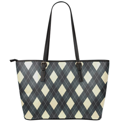 Spruce Blue And Beige Argyle Print Leather Tote Bag
