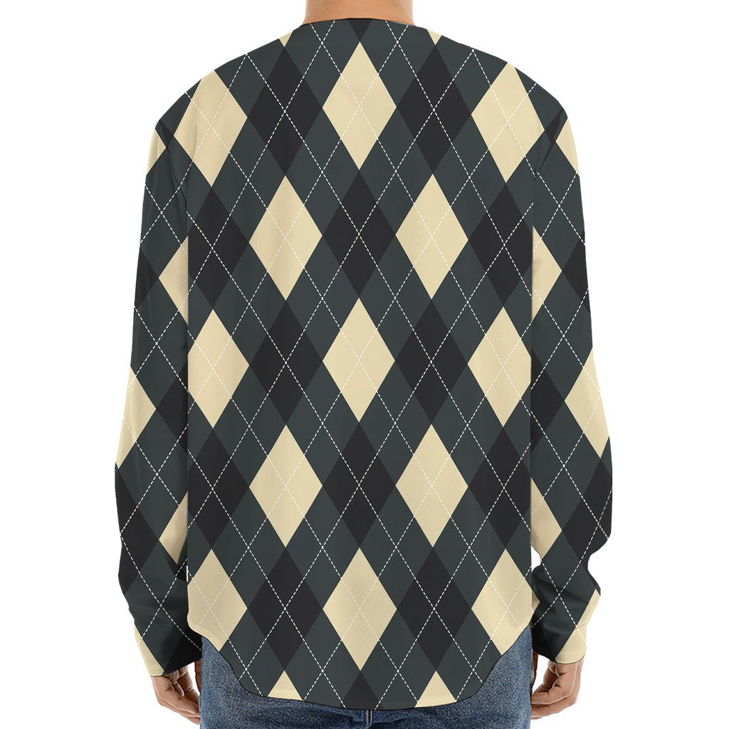 Spruce Blue And Beige Argyle Print Long Sleeve Baseball Jersey