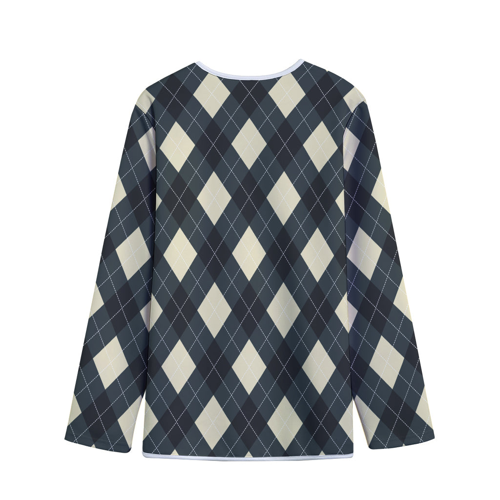 Spruce Blue And Beige Argyle Print Long Sleeve Short Coat